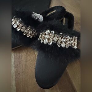 Express Luxe Black Mules with Gold Accents